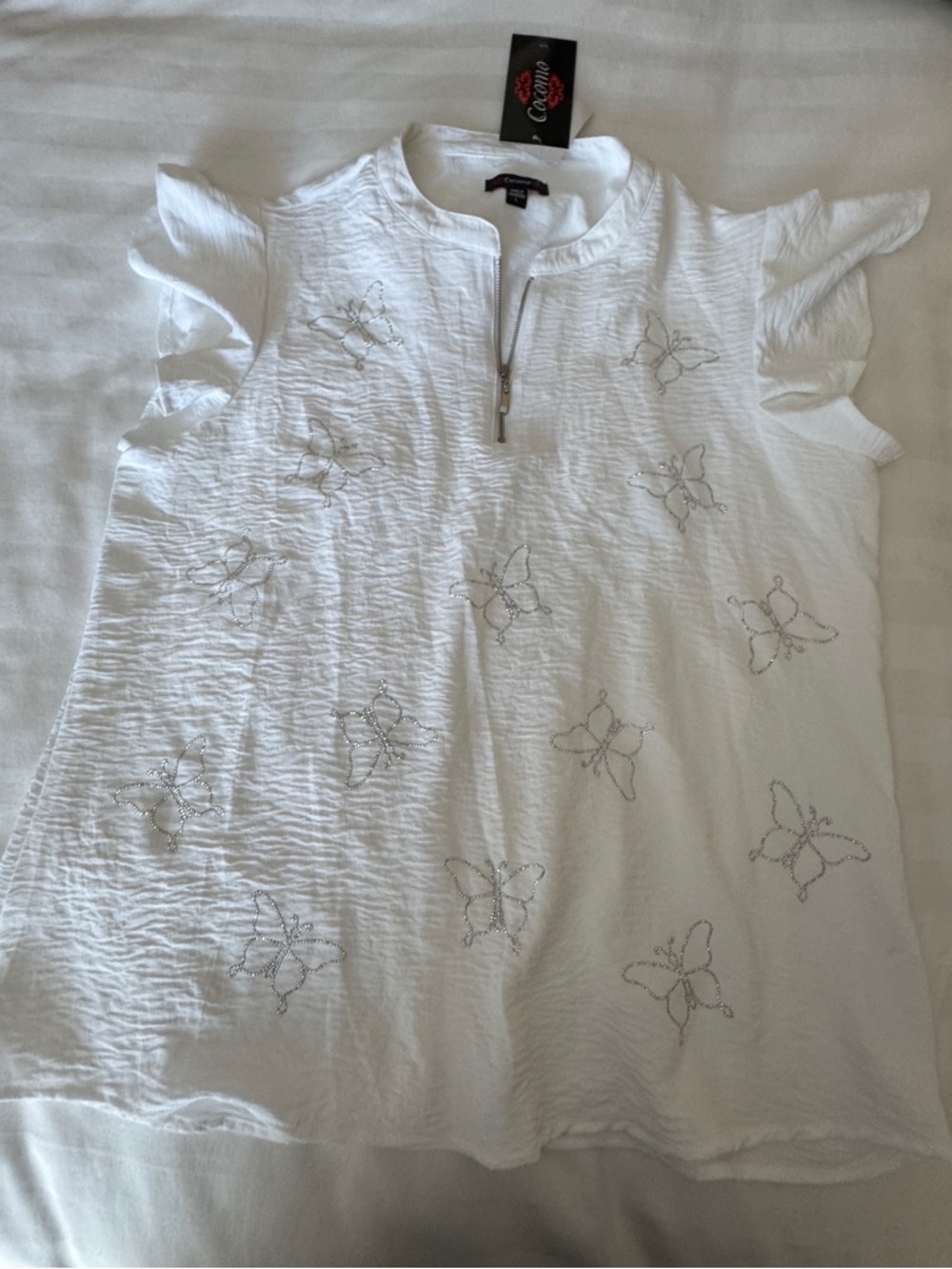 Cocomo White Ruffle Sleeve Top with Butterfly Bead Detail